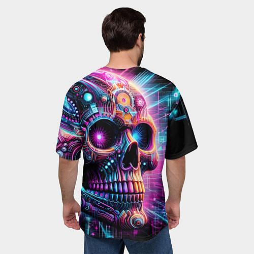 Мужская футболка оверсайз Neon cyber skull / 3D-принт – фото 4