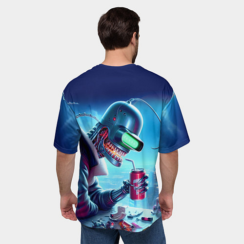 Мужская футболка оверсайз Кибер Бендер пьёт лимонад - неоновое свечение / 3D-принт – фото 4