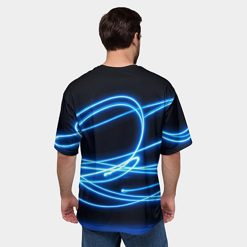 Мужская футболка оверсайз Неоновые голубые волны на черном фоне / 3D-принт – фото 4