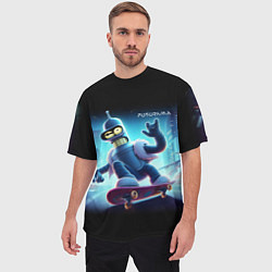 Футболка оверсайз мужская Bender is a skateboarder in neon street - ai art, цвет: 3D-принт — фото 2