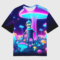 Мужская футболка оверсайз Робот-сгибальщик Бендер на поляне неоновых грибов