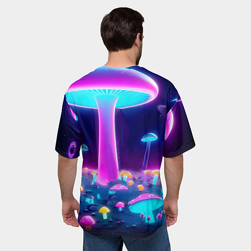 Мужская футболка оверсайз Робот-сгибальщик Бендер на поляне неоновых грибов / 3D-принт – фото 4