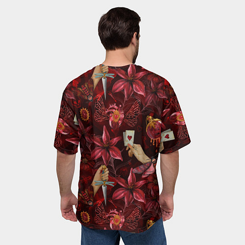 Мужская футболка оверсайз Бордовая готика с сердцем, лилиями и мотыльками / 3D-принт – фото 4