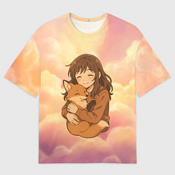 Футболка оверсайз мужская Девочка обнимает лисичку, цвет: 3D-принт