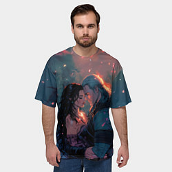 Футболка оверсайз мужская Йеннифэр и Геральт и розовые лепестки, цвет: 3D-принт — фото 2