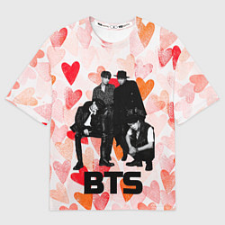 Футболка оверсайз мужская BTS на фоне сердечек, цвет: 3D-принт