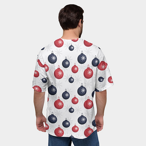 Мужская футболка оверсайз Синие и красные новогодние шары со снежинками / 3D-принт – фото 4