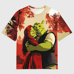 Футболка оверсайз мужская Шрек и Фиона обнимаются в осеннем лесу, цвет: 3D-принт