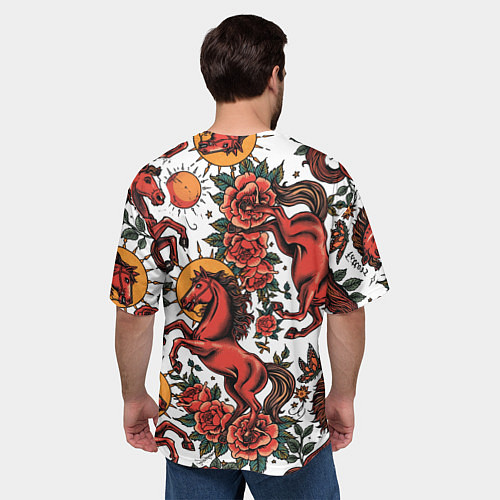 Мужская футболка оверсайз Красный конь в стиле татуировки / 3D-принт – фото 4