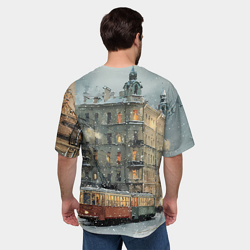 Мужская футболка оверсайз Трамваи в зимнем Санкт-Петербурге / 3D-принт – фото 4