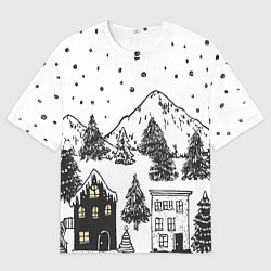 Футболка оверсайз мужская Заснеженный черно-белый город, цвет: 3D-принт