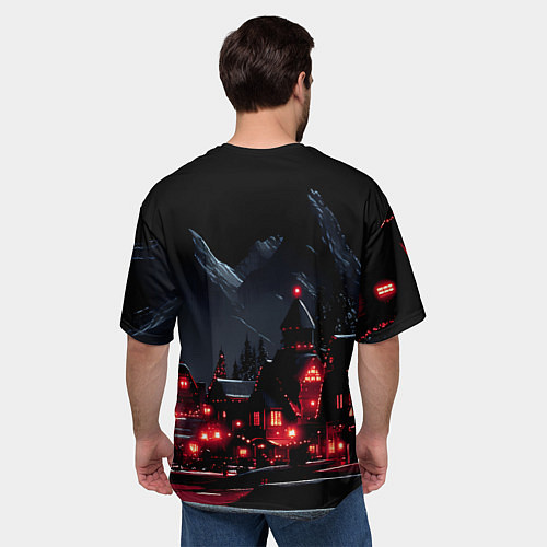Мужская футболка оверсайз Новогодняя ночь и красные гирлянды / 3D-принт – фото 4