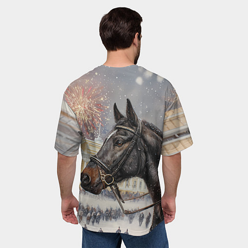 Мужская футболка оверсайз Конь на фоне салюта / 3D-принт – фото 4