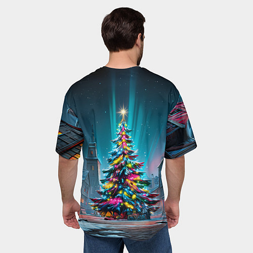Мужская футболка оверсайз Новогодняя елка в гирляндах / 3D-принт – фото 4