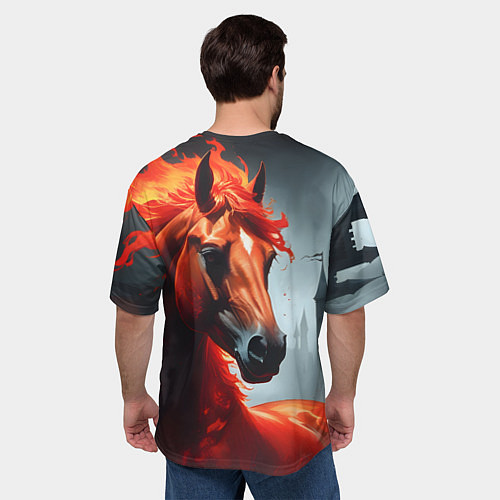 Мужская футболка оверсайз Огненная лошадь на сером / 3D-принт – фото 4
