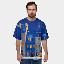 Футболка оверсайз мужская Синяя новогодняя елочка во дворе, цвет: 3D-принт — фото 2
