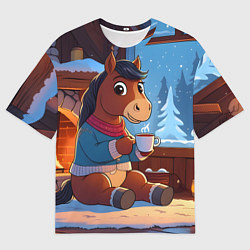 Мужская футболка оверсайз Лошадка у камина