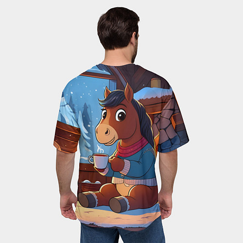 Мужская футболка оверсайз Лошадка у камина / 3D-принт – фото 4