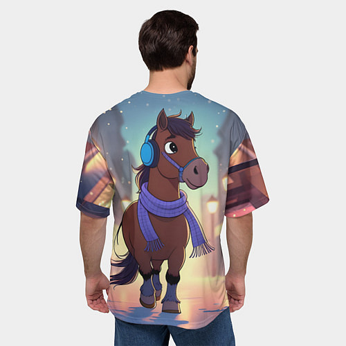 Мужская футболка оверсайз Лошадка в шарфе и наушниках / 3D-принт – фото 4