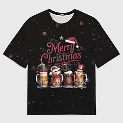 Футболка оверсайз мужская Кружки пива в новогодних шапках, цвет: 3D-принт