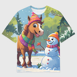 Мужская футболка оверсайз Лошадка и снеговик