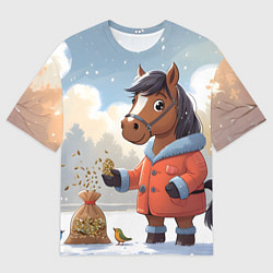 Мужская футболка оверсайз Лошадка на зимней прогулке