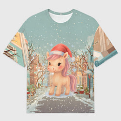 Футболка оверсайз мужская Маленькая новогодняя милая лошадка, цвет: 3D-принт