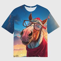 Мужская футболка оверсайз Лошадь в костюме Санты