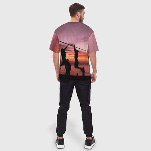 Мужская футболка оверсайз Пляжный волейбол на закате / 3D-принт – фото 4