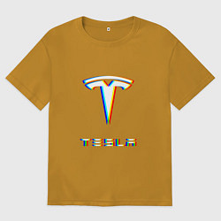Футболка оверсайз мужская TESLA MOTORS GLITCH ТЕСЛА, цвет: горчичный
