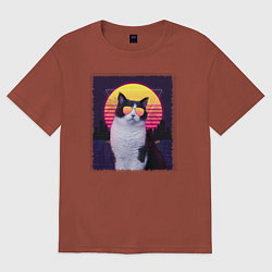 Футболка оверсайз мужская Synthwave cat, цвет: кирпичный