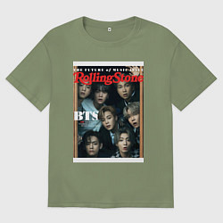 Футболка оверсайз мужская BTS БТС на обложке журнала, цвет: авокадо