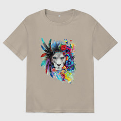 Футболка оверсайз мужская Лев в цветах и перьях, цвет: миндальный