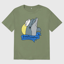 Футболка оверсайз мужская Дельфин на фоне солнца, цвет: авокадо