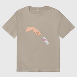 Футболка оверсайз мужская Сотворение Адама и белая лапка котика, цвет: миндальный