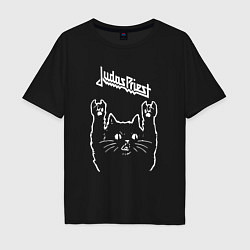 Футболка оверсайз мужская Judas Priest Рок кот, цвет: черный