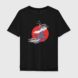 Футболка оверсайз мужская Дизайн с драконом на фоне красного солнца с эффект, цвет: черный