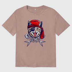 Футболка оверсайз мужская Кот пират и рыбьи кости, цвет: пыльно-розовый