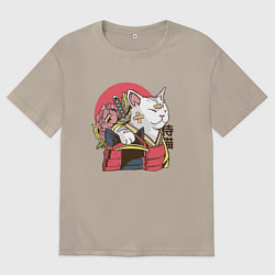 Футболка оверсайз мужская Котик Самурай Samurai Cat Japanese art, цвет: миндальный