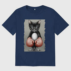 Футболка оверсайз мужская Крутой котяра в боксёрских перчатках Cool cat in b, цвет: тёмно-синий