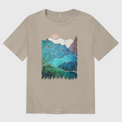 Футболка оверсайз мужская Большие горы и маленький медведь, цвет: миндальный