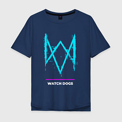 Футболка оверсайз мужская Символ Watch Dogs в неоновых цветах, цвет: тёмно-синий