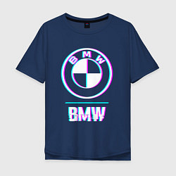 Футболка оверсайз мужская Значок BMW в стиле glitch, цвет: тёмно-синий
