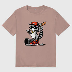 Футболка оверсайз мужская Крутой енот с бейсбольной битой, цвет: пыльно-розовый