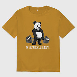 Футболка оверсайз мужская Это настоящая борьба - панда штангист, цвет: горчичный