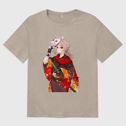 Футболка оверсайз мужская Каэдэхара Кадзуха с мечом, цвет: миндальный