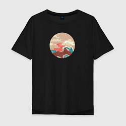 Футболка оверсайз мужская Большая океанская волна и пустой остров на закате, цвет: черный