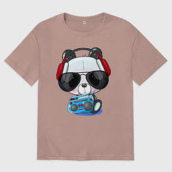 Мужская футболка оверсайз Прикольный маленький панда в очках с магнитолой
