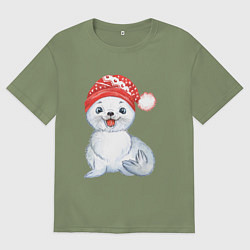 Футболка оверсайз мужская Новогодний тюлень, цвет: авокадо
