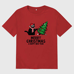 Футболка оверсайз мужская Кот роняет новогоднюю ёлку, цвет: красный